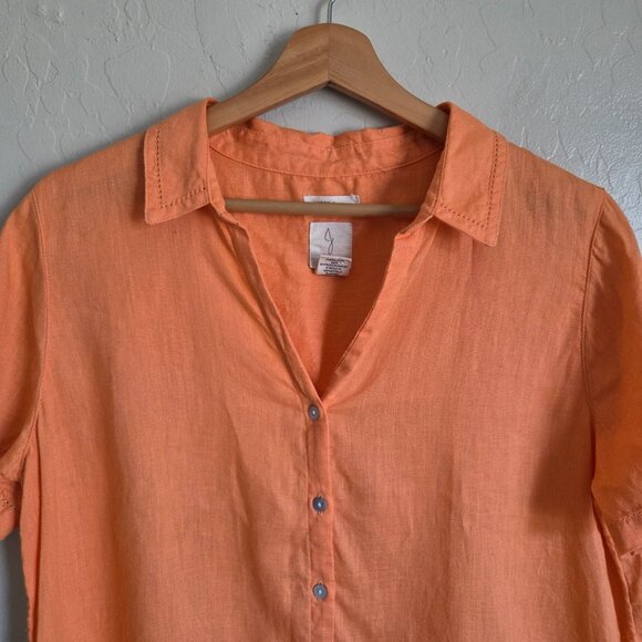 Joie 100% Linen Boxy Cropped Button Front Top Orange Women's Large Short Sleeves - Picture 3 of 9